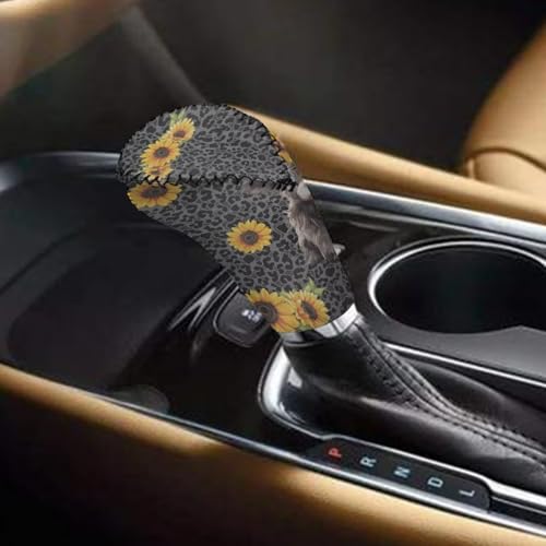 Jeiento 2 Pieces Black Leopard and Highland Cow Car Handbrake Cover Gear Shift Knob Cover Set, Automotive Shift Protector Cover Universal Fit Most Vehicle SUV Truck - color: Black Leopard and Highland Cow