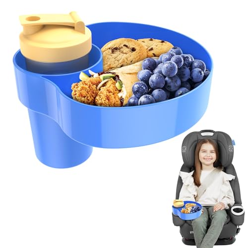 Car Seat Cup Holder Snack Tray for Kids – Toddler Travel Tray with Fixed Twist Base for Car, Booster, Stroller, Outdoor Essentials Kit. Universal for Snacks, Toys, Food, Drinks (1, Blue) - color: Blue