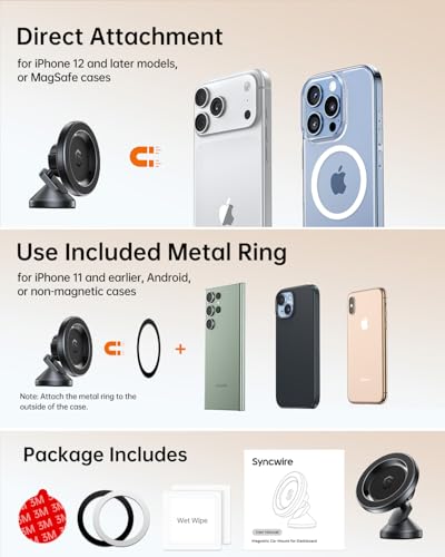 SYNCWIRE for MagSafe Car Mount - 360 Rotation Magnetic Phone Holder for Car Dashboard, Strong Magnet Car Phone Holder Mount Compatible iPhone 17 Pro Max Air 16 15 14 13 - Car Accessories for Women Men - style: Space Gray