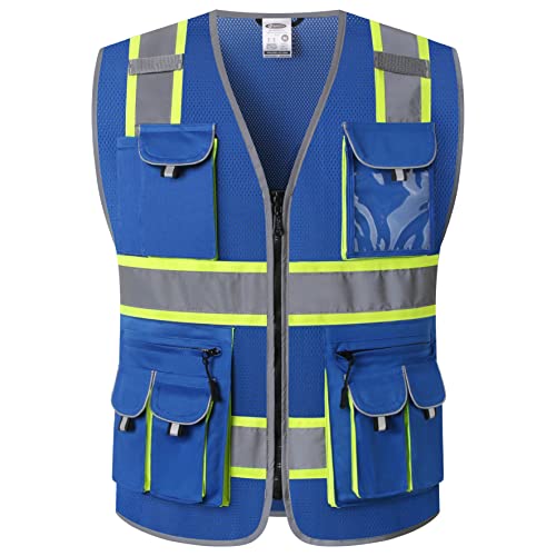 JKSafety 10 Pockets Hi-Vis Neon Color Frontal Zipper Mesh Safety Vest for Men Women Safety Utility for works Comply to ANSI/ISEA Standards (86-Blue M) - color: Jk086-blue, size: Medium