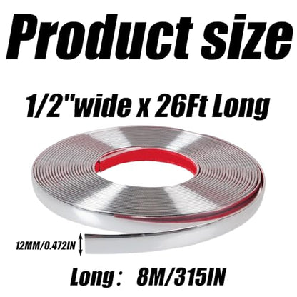Automotive Chrome Trim Molding, 1/2 Inch Wide 26FT Chrome Trim, Car Body Chrome Trim Strip, Universal Moulding Trim Strip Line Decoration for Car Truck RV Bumpers, Door, Window, Side (Silver)