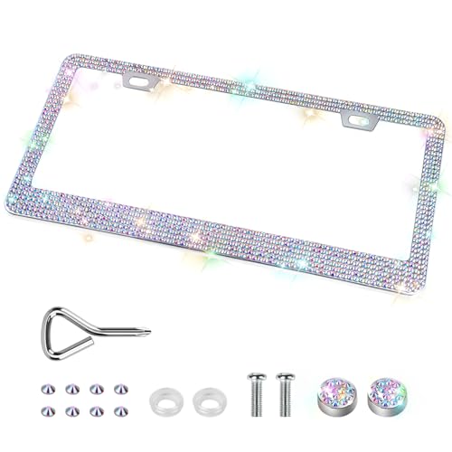 QUANQIUFEI 1 Pack Bling License Plate Frames, Sparkly Rhinestone Diamond Car License Plate Cover for Women, Stainless Steel Car Accessories with Glitter Crystal Caps (1 Pack Colorful) - color: 1 Pack Colorful