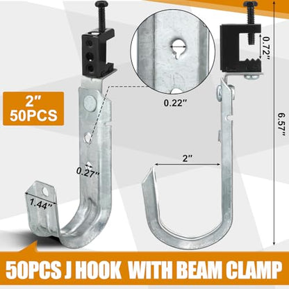 Blulu 25 Pcs Cable Support J Hook with Beam Clam Swivel Heavy Duty Metal Hangers for J Hook Hanging Cable Management Organizing Wire G60 Galvanized Steel (2 Inch) - size: 2 Inch