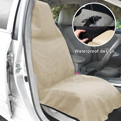 DXNQ 2PCS Car Towel Seat Cover, Waterproof Sweating Non-Slip Premium Soft Towel Carseat Protector, Universal Machine Washable Car Truck SUV Front Seat Cover for Gym Workout Beach Hiking (Beige) - color: Beige, 2pcs, Front