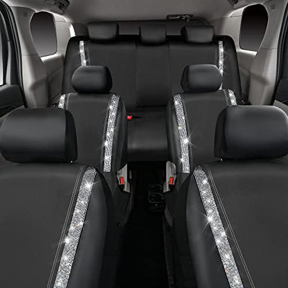 CAR PASS Bling Diamond Car Seat Covers, Shining Rhinestones Waterproof Faux Leather, 7 Seats 3 Rows with Zipper Glitter Crystal Sparkle Strips Universal Fit 95% MPV,SUV,CAR for Women Girl, Silver - color: Silver Seven Seats, size: Full Set