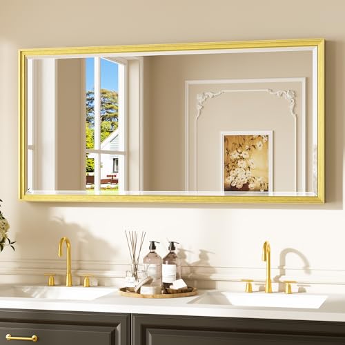 Keonjinn 48" x 24" Gold Bathroom Vanity Mirror, Brushed Gold Wall Mirrors Full Length, HD Tempered Glass with Beveled Edge, Decorative Aluminum Alloy Frame, Rectangular Mirror(Vertical/Horizontal) - color: Gold, size: 24"L x 48"W