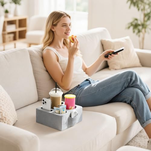 Luxspire Couch Cup Holder Tray, Couch Cup Holder Pillow with 4 Holes, Side Pocket and Handle, Couch Caddy Pillow for Phone/Drinks/Remote Control/Snacks, Gray - color: Gray
