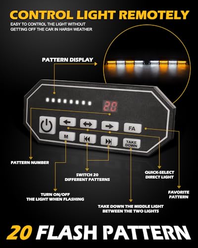 HLauto 604N Emergency Dash Strobe Lights: 2x16.8 inch Amber White Security Light w/Take Down, 48 LED Safety Flashing Warning Hazard Interior Windshield Light Bar for Truck Vehicle - color: #01 Amber / White