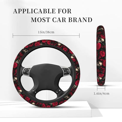 Red Rose Skull Steering Wheel Cover, Non-Slip Breathable Neoprene Steering Wheel Covers, Car Accessories Universal 15 Inch Fit Auto, Suvs, Truck - color: Rose Skull