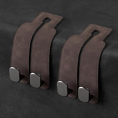 KINIVA Car Seat Headrest Storage Hooks, Set of 2, Suede PU Leather, Double Hooks (Brown) - color: Brown