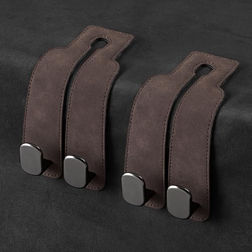 KINIVA Car Seat Headrest Storage Hooks, Set of 2, Suede PU Leather, Double Hooks (Brown) - color: Brown