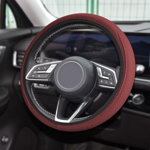 Car Steering Wheel Cover, Universal 14.5-15 Inch Wine Leather Steering Wheel Wrap with Better Sport Grip for Men Women, Anti-Slip Breathable Car Interior Accessories for Most Vehicles (Wine red2) - color: Wine red2