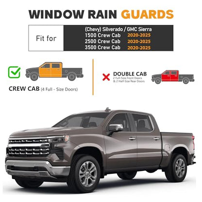 Shatterproof Taped-On Window Deflectors for 2019-2025 Chevrolet (Chevy) Silverado GMC Sierra 1500 2500HD 3500HD Crew Cab, Rain Guards, Window Visors for Cars, Vent Deflector, 4pcs - size: For Silverado 1500 19-25 Crew Cab