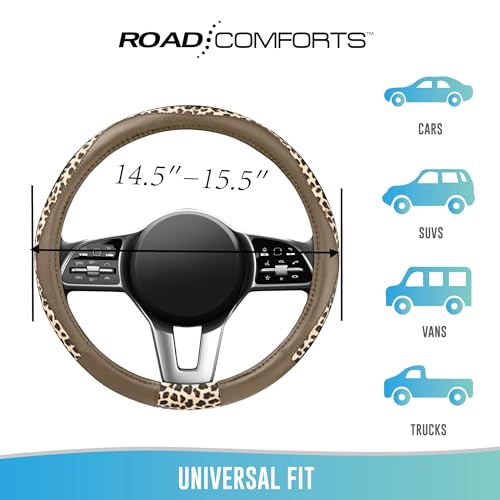 Road Comforts Steering Wheel Cover - Made with PVC Leather and Leopard Fabric - Universal 14 1/2 inches to 15 inches for Most Automotive Steering Wheel - Cheetah Print -Beige - color: Round-Beige
