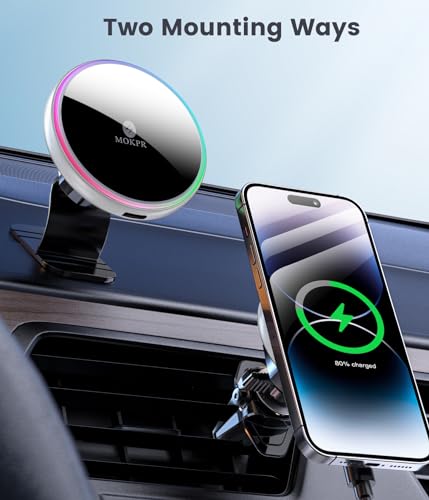 MOKPR for Magsafe Car Mount Charger-15W Wireless Car Charger-Magnetic Car Phone Holder for Dash Air Vent-LED RGB HandsFree Car Mount Fast Car Charger for iPhone 15/14/13/12 Series Silver - color: Silver
