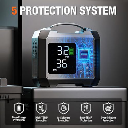 Portable Heavy-Duty Tire Inflator for Pickup Truck,RV, 300PSI Air Compressor, 9X Faster Inflator with 3.7 inch Digital Gauge. 5 Safety Protections and Cooling System for Truck, SUV, Compact Cars