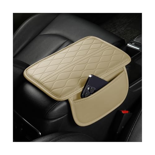 Car Center Console Cover, Leather Vehicle Armrest Seat Box Pad Cushion with 2 Storage Bags, Automotive Interior Arm Rest Protector Accessories, Universal for SUV, Sedan, Truck (Beige) - color: Beige