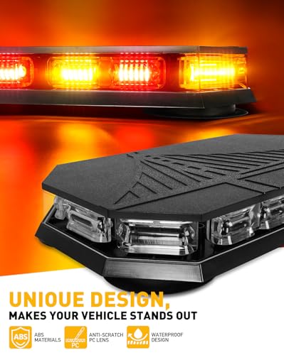 HLauto 406D Rooftop Emergency Strobe Lights Bar, 102 LED Amber Red Mini Beacon Safety Flashing Warning Traffic Lights Bar w/Magnetic Base for 12-24V Trucks, Construction Vehicles, Snowplow, Cars - color: Amber/Red