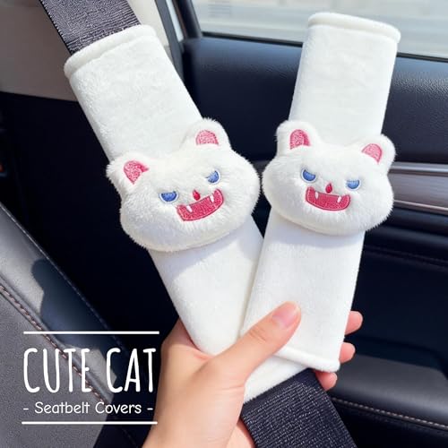 2 PCS Seat Belt Cover Pad, Cute Kawaii Animal Cat Seatbelt Covers for Kids, Soft Seatbelt Cushion, Car Seat Strap Pads (White) - color: White