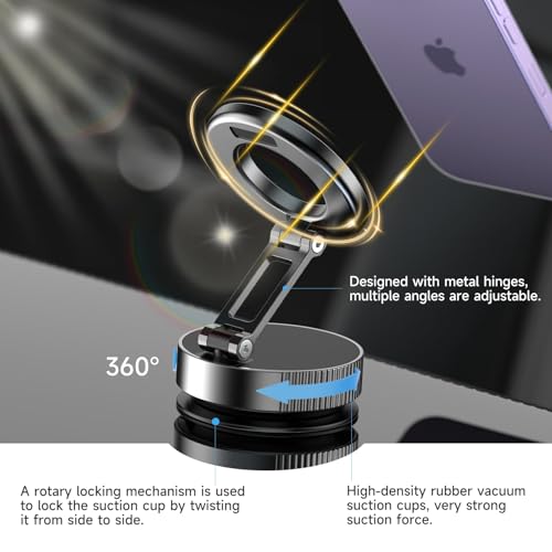 YAOKEEP Magnetic Car Phone Holder [96+LBS Suction & 2800gf Magnetic ], 360°Adjustable Vacuum Car Phone Mount, Foldable Magnetic Suction Cup Phone Mount, Car Mount for iPhone 12-17 Pro Max Plus Air