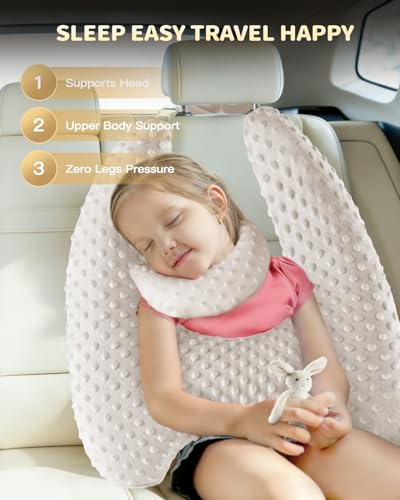 Memory Foam Kids Travel Pillow, Car Pillow for Kids, H-Shape Car Pillows for Sleeping, Removable Pillowcase, Adjustable, Velvet Dots, Beige - color: Velvet Dots Beige