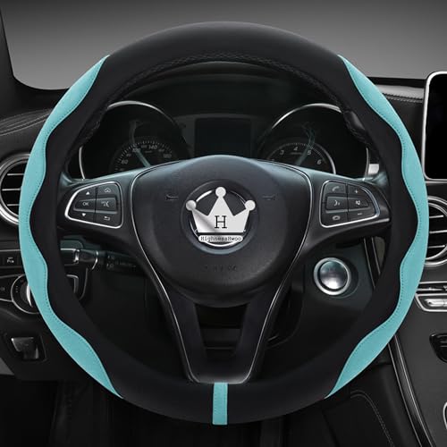 HighnessHwoo Luxury Suede Steering Wheel Cover for Cars, Soft Leather Padded Wheels Cover for Sedan, SUV, Thin Car Handle Cover, Universal Fit, Anti Slip, 14.75-15.15in, Green - color: Green+Black, size: Standard Size[14.75-15.15"](37.5-38.5cm)