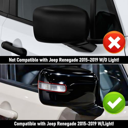 Moonlinks Compatible with Jeep Renegade Right Passenger Side Mirror Cover Replacement 2015 2016 2017 2018 2019,Glossy Black Right Side Clip-on Mirror Cap With Turn Signal Light Replaces for CH1327103 - color: Right Black
