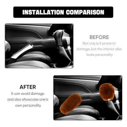 Hovom 2PCS Fluffy Car Gear Shift Knob Cover & Handbrake Cover, Soft Plush Hand Brake Handle & Gear Shift Cover for Women Girls, Universal Comfortable Warm Furry Car Accessories (Brown) - color: Brown