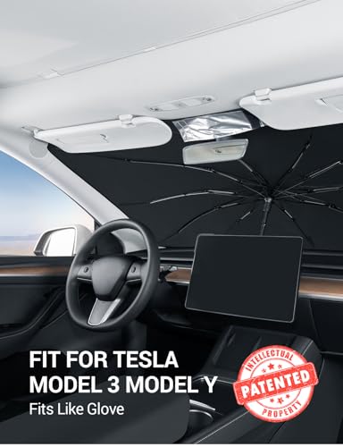 BASENOR 2017-2026 Tesla Model Y Model 3 Windshield Sunshade Umbrell [Nano Ice Crystal Particle] Front Window Shade, Coating 100% Heat Protection Retractable Sunshades - size: Model 3/Y Umbrella