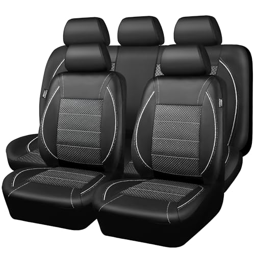 CAR PASS Piping PU Leather Car Seat Cover Full Set, Inside Zipper Design and Reserved Opening Holes, Airbag Compatible,Universal FIT for Car, SUVs,Van,Trucks（Full Set, Black & Silver - color: Black and Sliver