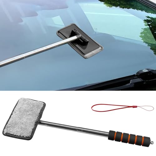Car Windshield Cleaner Tool, Retractable Rearview Mirror Brush with Extendable Handle, Microfiber Window Washing Pad, Portable Auto Glass Wiper for Car Home Office(Black) - color: Black