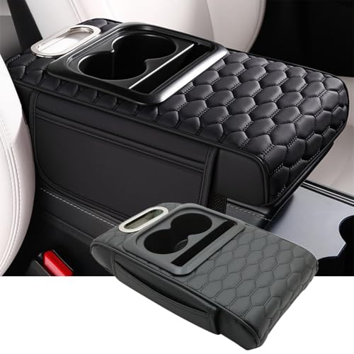 Priprilod Car Center Console Armrest Pillow, Leather Memory Foam Car Armrest Cushion with Cup Holder & Phone Holder, Universal Armrest Storage Box Protector for Most Vehicles, Car Accessories (Black) - color: Black