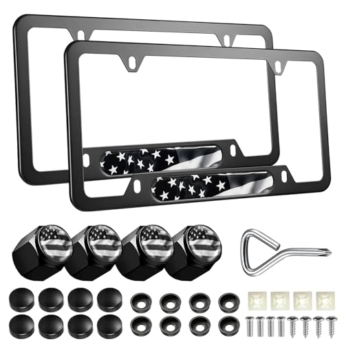 Black American Flag License Plate Frames - 2 Pack Patriotic Aluminum Metal Flying US Flag Car Tag Plate Frame Holder with 4 Fluttering Flag Car Valve Caps and Screws - color: Black Fluttering US Flag