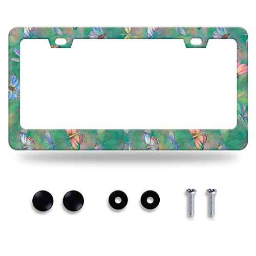 Beautiful Butterfly Dragonfly License Plate Frame Floral Flowers License Plate Stainless Steel Auto Parts Colorful License Plate Decorative with Screws Size 12.3" x 6.3" Men Women - color: Beautiful Butterfly Dragonfly Colorful Flowers