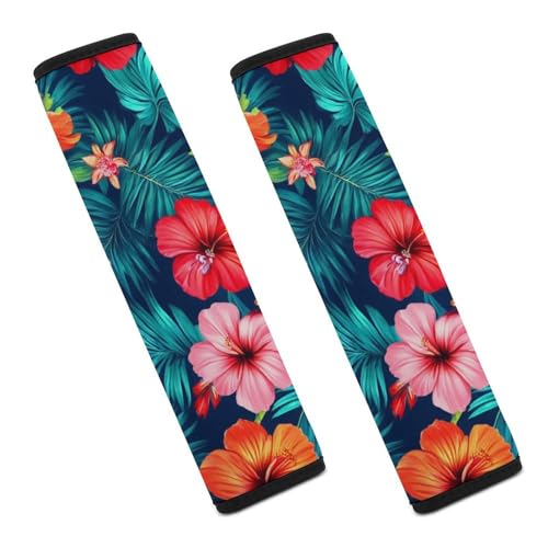 Men's Comfortable Cushion Pad Car Shoulder Strap, Hawaiian Colorful Hibiscus Flowers Tropical Palm Tree Leaves Harness Pad Car Belt Covers - color: Color848
