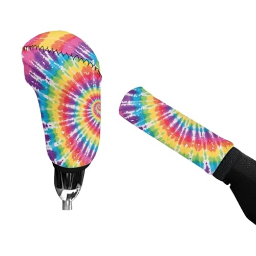 Jeiento Colorful Tie-Dye Car Gear Shift Knob Cover Set of 2 Polyester Auto Gear Shift Knob Protector Sleeve for Most Vehicles SUV Truck - color: Colorful Tie-Dye