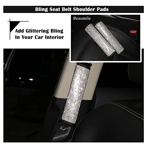 Seat Belt Pads 2-Pack Bling Seat Belt Covers Soft PU Leather Crystal Seat Belt Shoulder Pads Rhinestone Bling Car Accessories For Women (White) - color: White