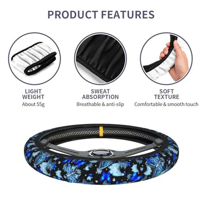 Blue Butterfly Steering Wheel Cover Universal 14.5-15 Inch Car Wheel Protector Anti-Slip Car Steering Wheel Accessories for Women Girls - color: Blue Butterfly