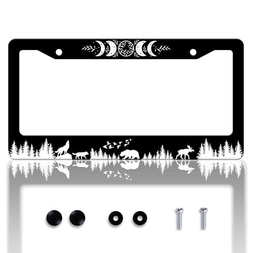 Moon Phases License Plate Frame Wolf Bear Deer License Plate Holder Personalise Stainless Steel Funny Design Compatible with Standard License Plate Frames for USA Canada 6 X 12 in 2 Holes with Screws - color: Moon Phases