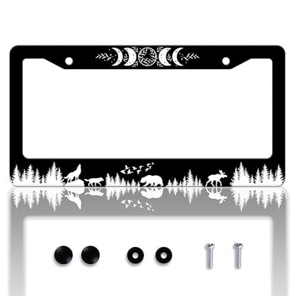 Moon Phases License Plate Frame Wolf Bear Deer License Plate Holder Personalise Stainless Steel Funny Design Compatible with Standard License Plate Frames for USA Canada 6 X 12 in 2 Holes with Screws - color: Moon Phases