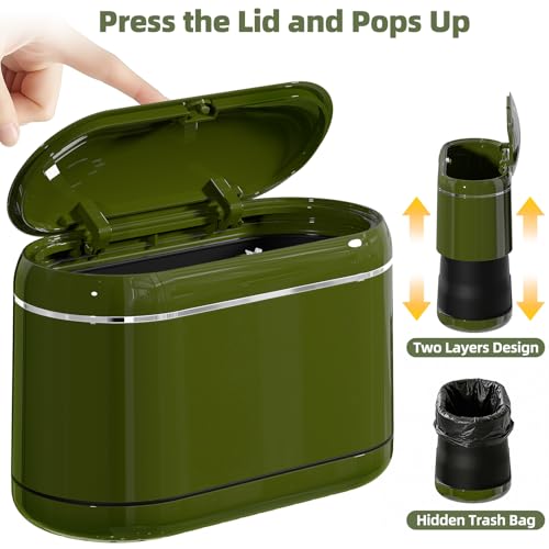 PAVSTINE Mini Trash Can for Desk with 5 Rolls of Trash Bags, Small Press-Top Countertop Garbage Bin, Removable Waste Basket for Bedroom, Vanity, Coffee Table, Kitchen (Green Full-Lid) - color: Green Full-Lid