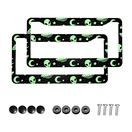 Green Alien Moon UFO License Plate Frames with Screw Caps,2 Pack 2 Holes Aluminum License Plate Cover Holders for Front and Rear Car Tags. - color: Style1
