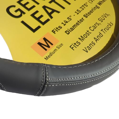 Steering Wheel Cover, Gray, Real Genuine Leather, Small, 14 inch, for Men and Women, Universal, Stretch On, Heat Resistant, Stays Cool, Non-Slip, HANWOLF - color: Dark Gray, size: Small (14 to 14.375 inch diameter)