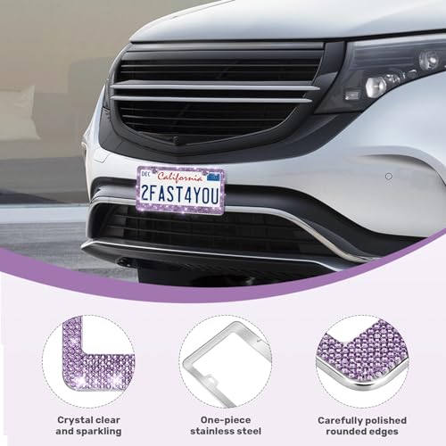 QUANQIUFEI 2 Pack Bling License Plate Frames, Sparkly Rhinestone Diamond Car License Plate Cover for Women, Stainless Steel Car Accessories with Glitter Crystal Caps (Tanzanite) - color: Tanzanite