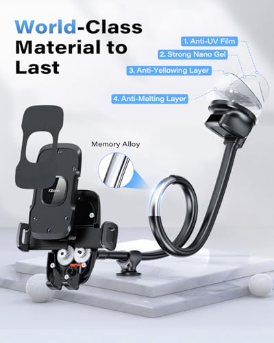 1Zero Solid Car Truck Phone Mount Holder with 14-Inch Gooseneck Long Arm, Windshield Window Mobile Holders w/Industrial-Strength Suction Cup, Anti-Shake Stabilizer Compatible All Cell Phones, Black - color: Faux Leather Surface with Black Ring