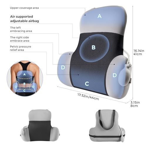 BEBAS Adjustable Air Lumbar Support Pillow for Office Chair, Car & Gaming Chair Memory Foam Back Support for Pain Relief & Posture Correction with Washable Cover, Grey