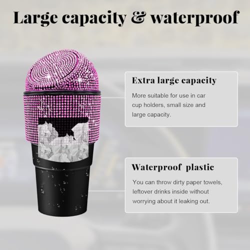 Yourkar Bling Car Trash Can with Lid, Sparkling Crystal Auto Garbage Can with Leak-Proof Lid, Multipurpose Waterproof Trash Bin for Automotive Home Office Kitchen Bedroom (Pink) - color: Pink