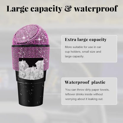 Yourkar Bling Car Trash Can with Lid, Sparkling Crystal Auto Garbage Can with Leak-Proof Lid, Multipurpose Waterproof Trash Bin for Automotive Home Office Kitchen Bedroom (Pink) - color: Pink