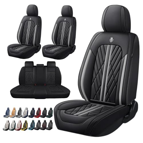 Universal Fit Waterproof Breathable Nappa Leather Automotive Vehicle Car Seat Covers Set Cushion Protector for Sedan SUV - color: Black Grey line, size: Full Set 5 Seats