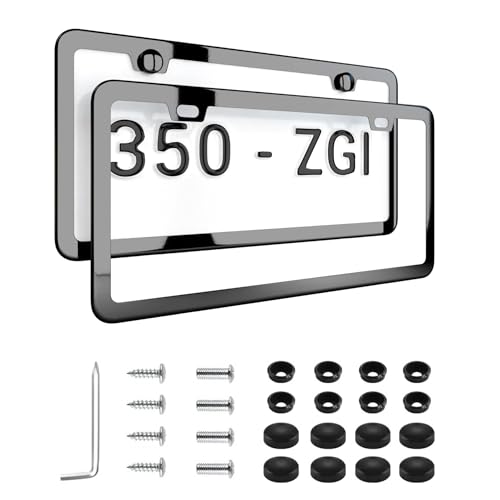 Mirror Black License Plate Frame - Titanium/Gunmetal Stainless Steel, 2-Hole Sleek Style, Premium Metal Durability, Easy Install, 2-Pack Gift Box - Polished Gloss Finish - color: Gloss Black(Mirror-like)
